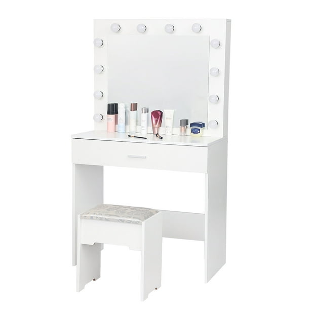 Details about   Makeup Dressing Table with Large Drawer and 4 Shelves Lighted Mirror Vanity Set